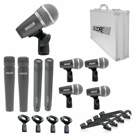 5 CORE 5 Core 9 Piece Drum Microphone Kit - Dynamic XLR Mic - Kick Bass Tom Snare Cymbal Set for Drummers DM 9RND GREY